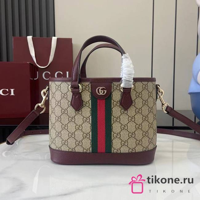 Gucci Ophidia Small Tote Bag In Beige Dark Brown GG Monogram Rosso Ancora Red Leather - 22.5x17x11cm - 1