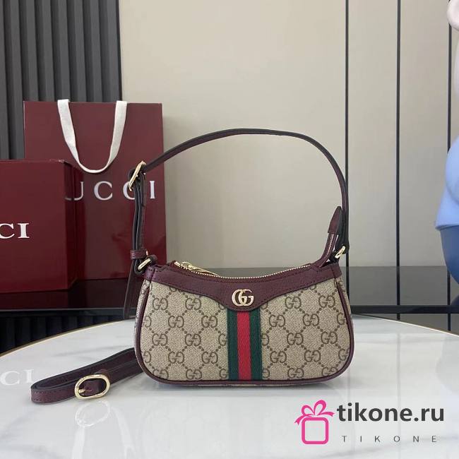 Gucci Ophidia Mini Shoulder Bag In Beige Dark Brown GG Monogram Rosso Ancora Red Leather - 19.5x11x3.5cm - 1