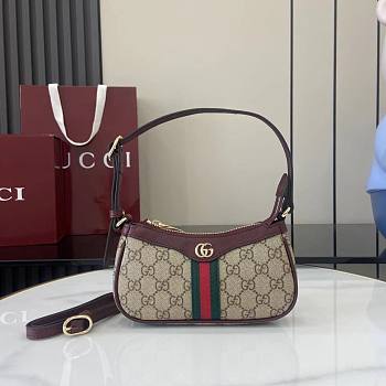 Gucci Ophidia Mini Shoulder Bag In Beige Dark Brown GG Monogram Rosso Ancora Red Leather - 19.5x11x3.5cm