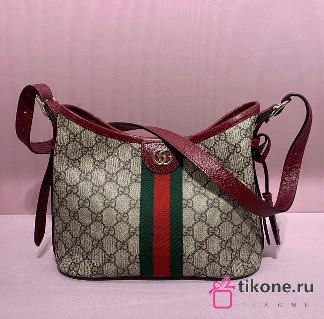 Gucci Ophidia Small Shoulder Bag In Beige And Rosso Ancora Red GG Fabric - 23x21x12cm - 1