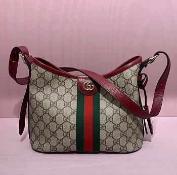 Gucci Ophidia Small Shoulder Bag In Beige And Rosso Ancora Red GG Fabric - 23x21x12cm