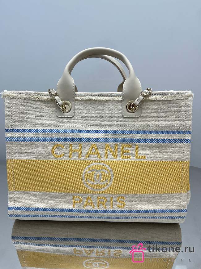 Chanel Shopping Bag Cotton Canvas & Metallic Gold Cream White Blue & Yellow - 38cm - 1
