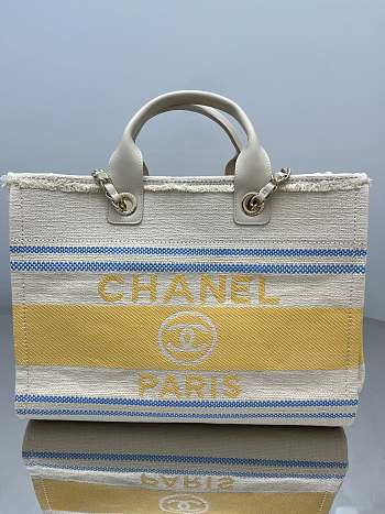 Chanel Shopping Bag Cotton Canvas & Metallic Gold Cream White Blue & Yellow - 38cm