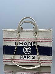 Chanel Shopping Bag Cotton Canvas & Metallic Gold Cream White Red & Navy - 38cm - 6