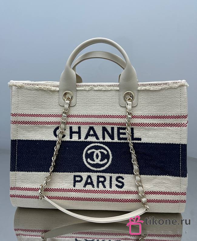 Chanel Shopping Bag Cotton Canvas & Metallic Gold Cream White Red & Navy - 38cm - 1