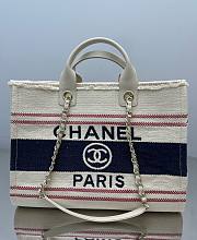 Chanel Shopping Bag Cotton Canvas & Metallic Gold Cream White Red & Navy - 38cm - 1