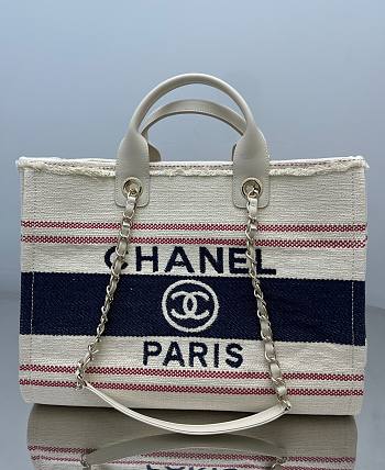 Chanel Shopping Bag Cotton Canvas & Metallic Gold Cream White Red & Navy - 38cm