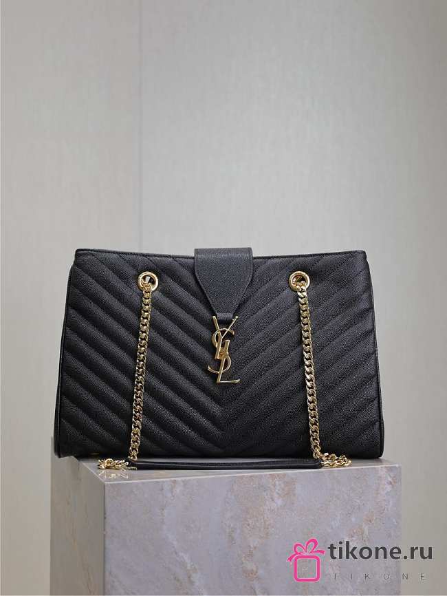 YSL Grain De Poudre Matelasse Chevron Monogram Shopping Bag Black - 33x22x15cm - 1