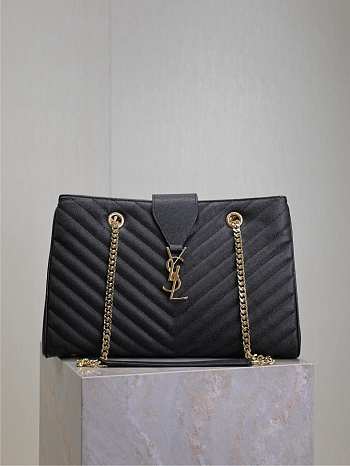 YSL Grain De Poudre Matelasse Chevron Monogram Shopping Bag Black - 33x22x15cm