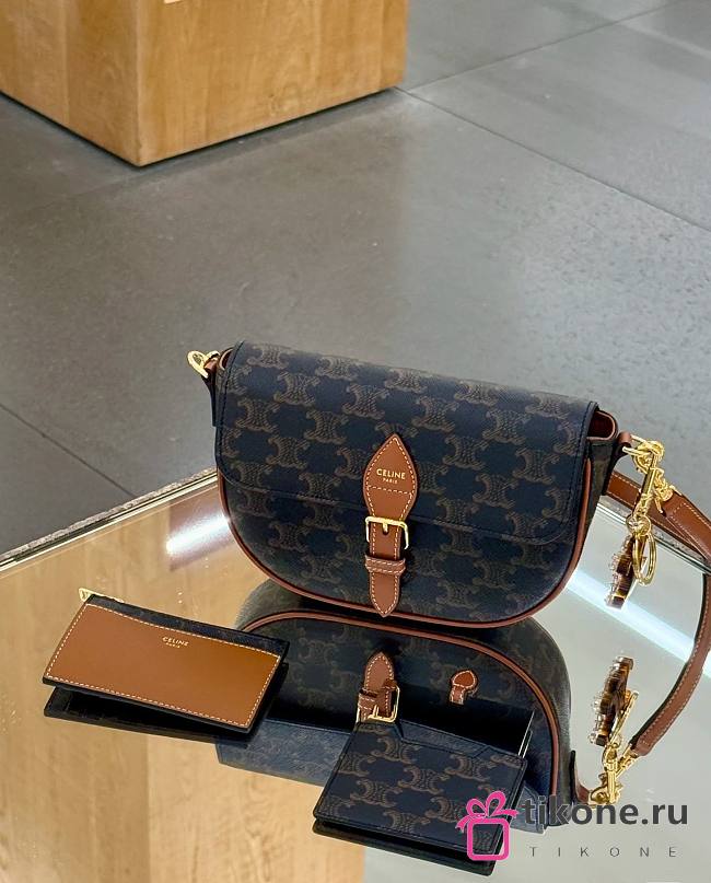 Celine Folco Shoulder Bag In Triomphe Canvas and Calfskin Tan - 20x14x5cm - 1