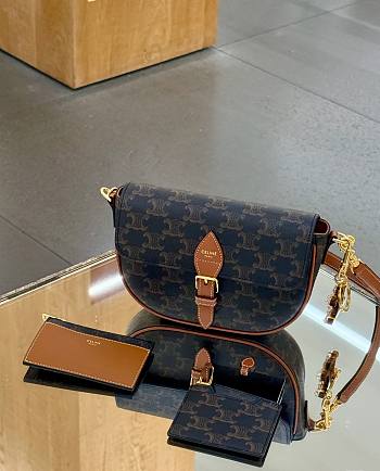 Celine Folco Shoulder Bag In Triomphe Canvas and Calfskin Tan - 20x14x5cm