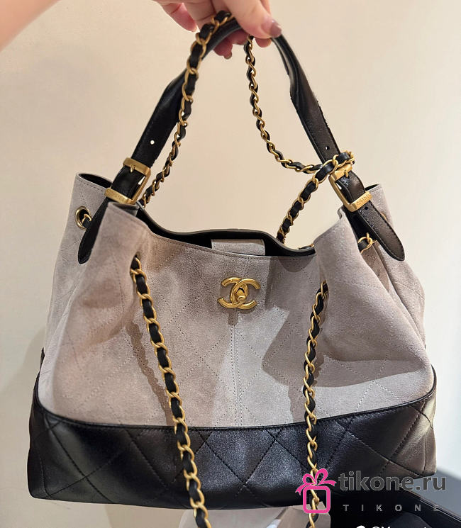 Chanel Small Tote Suede Calfskin Shiny Lambskin & Gold-Tone Metal Gray & Black - 36x24x14cm - 1