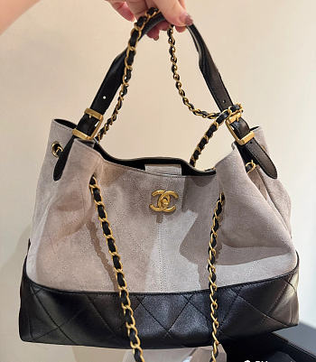Chanel Small Tote Suede Calfskin Shiny Lambskin & Gold-Tone Metal Gray & Black - 36x24x14cm