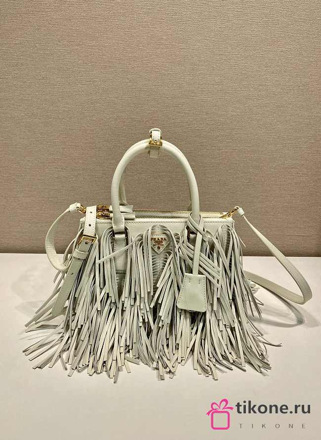 Prada Galleria Small Leather Bag With Fringe White 1BA896 - 24.5x18.5x11cm - 1