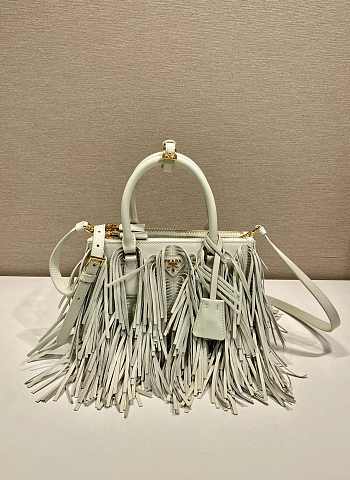 Prada Galleria Small Leather Bag With Fringe White 1BA896 - 24.5x18.5x11cm