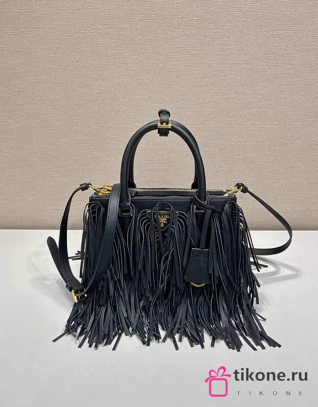Prada Galleria Small Leather Bag With Fringe Black 1BA896 - 24.5x18.5x11cm - 1