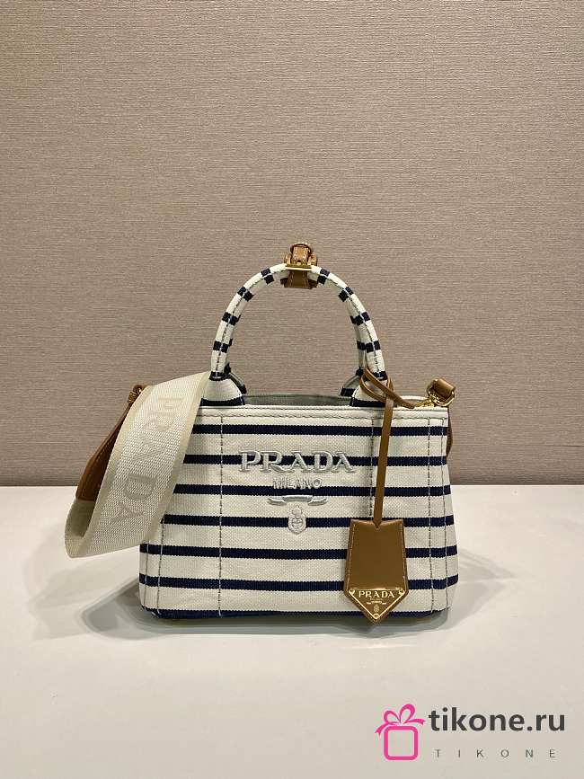 Prada Jardiniere Striped Cotton Canvas Mini Bag Ivory/Blue 1BA038 - 22x15x13cm - 1