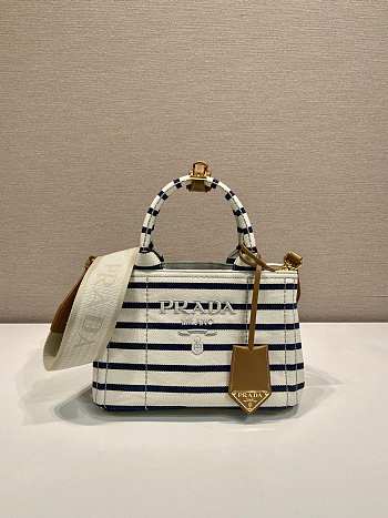 Prada Jardiniere Striped Cotton Canvas Mini Bag Ivory/Blue 1BA038 - 22x15x13cm