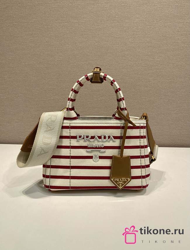 Prada Jardiniere Striped Cotton Canvas Mini Bag Ivory/Red 1BA038 - 22x15x13cm - 1