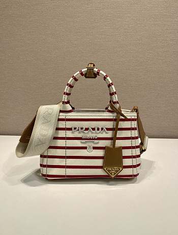 Prada Jardiniere Striped Cotton Canvas Mini Bag Ivory/Red 1BA038 - 22x15x13cm
