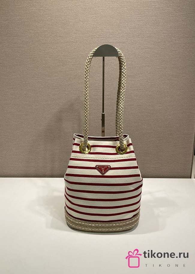 Prada Mariner Small Striped Fabric Bucket Bag 1BE082 Ivory/Red - 28x23.5x15cm - 1