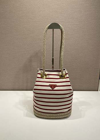 Prada Mariner Small Striped Fabric Bucket Bag 1BE082 Ivory/Red - 28x23.5x15cm