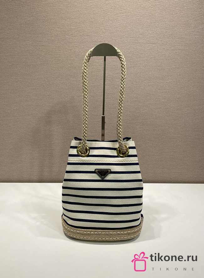 Prada Mariner Small Striped Fabric Bucket Bag 1BE082 Ivory/Blue - 28x23.5x15cm - 1