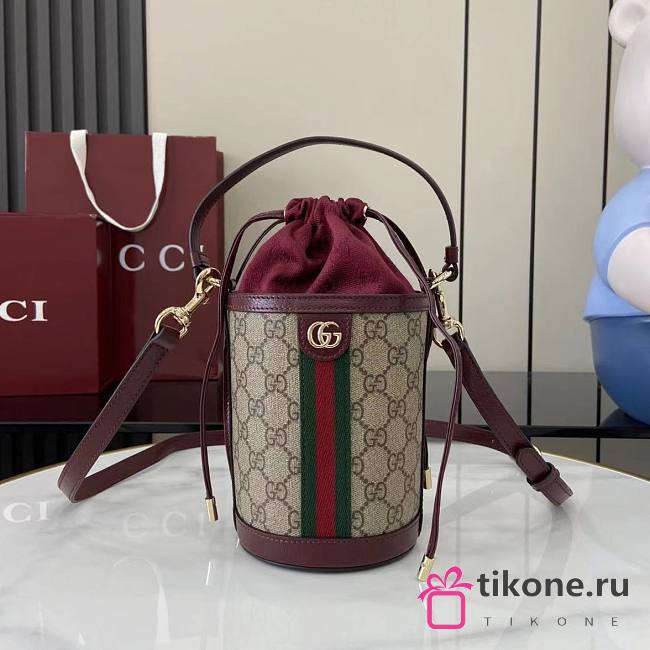 Gucci Ophidia Mini Bucket Bag In Beige Dark Brown GG Monogram Rosso Ancora Red Leather - 23x11.5x8cm - 1