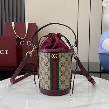 Gucci Ophidia Mini Bucket Bag In Beige Dark Brown GG Monogram Rosso Ancora Red Leather - 23x11.5x8cm