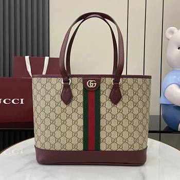 Gucci Ophidia Medium Tote Bag In Beige Dark Brown GG Monogram Rosso Ancora Red Leather - 31x24x13cm