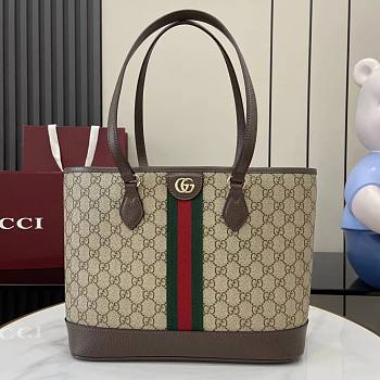 Gucci Ophidia Medium Tote Bag In Beige Dark Brown GG Monogram Brown Leather - 31x24x13cm