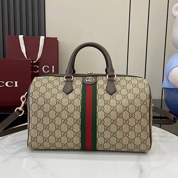 Gucci Ophidia Medium Boston Bag In Beige Dark Brown GG Monogram Brown Leather - 25x17x14cm