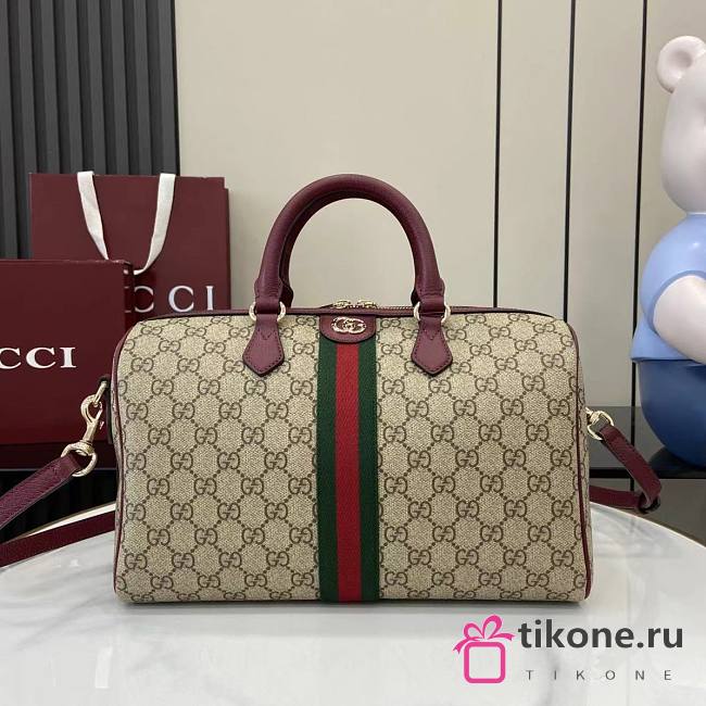 Gucci Ophidia Medium Boston Bag In Beige Dark Brown GG Monogram Rosso Ancora Red Leather - 25x17x14cm - 1