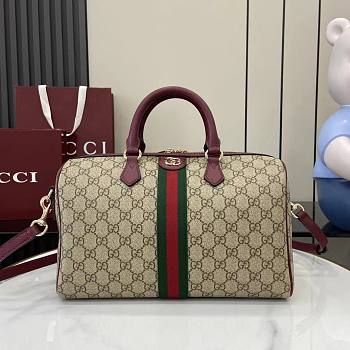 Gucci Ophidia Medium Boston Bag In Beige Dark Brown GG Monogram Rosso Ancora Red Leather - 25x17x14cm