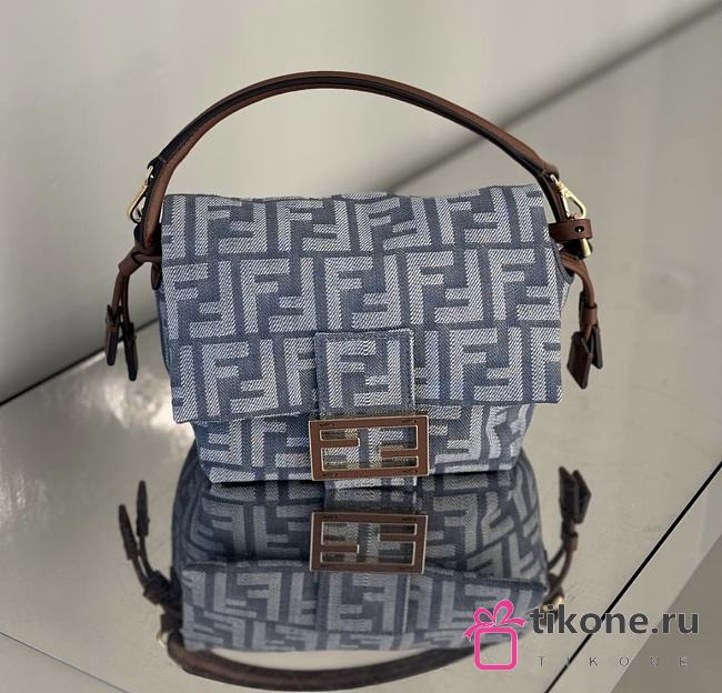 Fendi Mamma Baguette Small Blue Denim Effect FF Jacquard Mini Bag - 16x13x10cm - 1