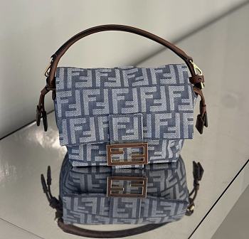 Fendi Mamma Baguette Small Blue Denim Effect FF Jacquard Mini Bag - 16x13x10cm