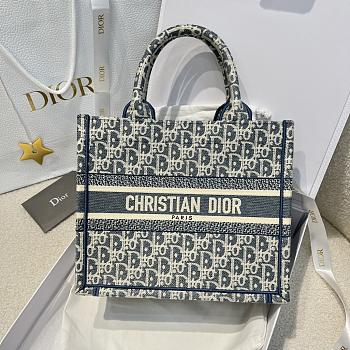 Small Dior Book Tote Blue Dior Oblique Chambray Effect Embroidery - 26.5x22x14cm