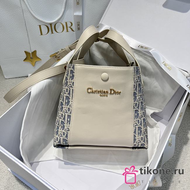 Small Signature Bucket Bag Blue Dior Oblique Chambray with Raffia Effect and Light Biscuit Smooth Calfskin - 21x19x11cm - 1