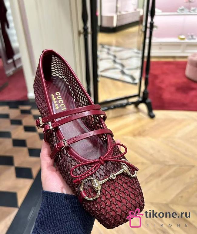Gucci Horsebit Ballet Flat in Rosso Ancora Mesh  - 1