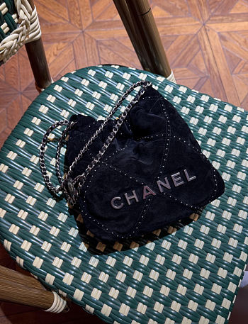 Chanel 22 Mini Handbag Suede Calfskin Studs Silver Tone Metal Black - 20x19x6cm