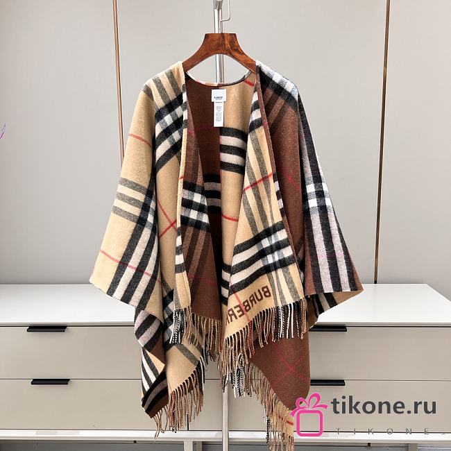 Bubberry Contrast Check Wool Cashmere Cape in Archive Beige/ Dark Birch Brown - 155x130cm - 1