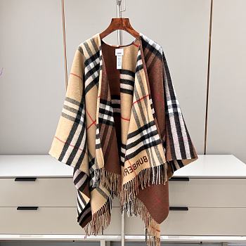 Bubberry Contrast Check Wool Cashmere Cape in Archive Beige/ Dark Birch Brown - 155x130cm