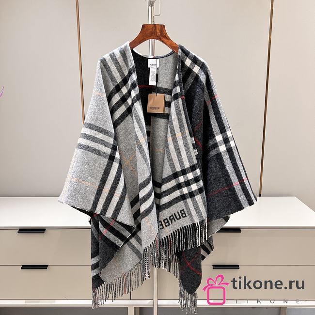 Bubberry Contrast Check Wool Cashmere Cape in Archive Grey/ Charcoal - 155x130cm - 1