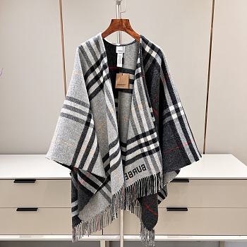 Bubberry Contrast Check Wool Cashmere Cape in Archive Grey/ Charcoal - 155x130cm