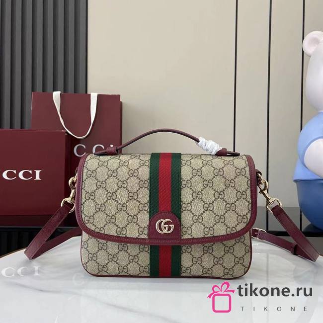 Gucci Ophidia Medium Top Handle Bag In Beige Dark Brown GG Monogram Rosso Ancora Red Leather - 24x17.5x11.5cm - 1