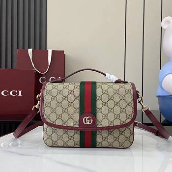 Gucci Ophidia Medium Top Handle Bag In Beige Dark Brown GG Monogram Rosso Ancora Red Leather - 24x17.5x11.5cm