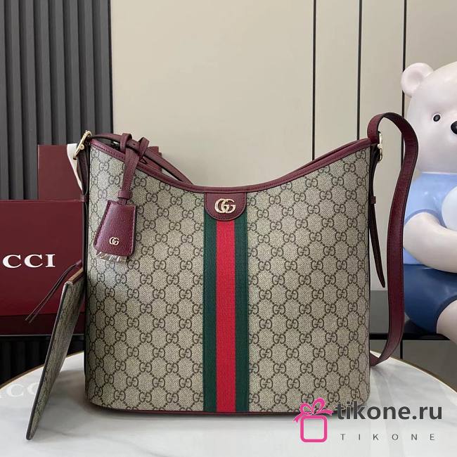 Gucci Ophidia Large Shoulder Bag Beige Dark Brown GG Monogram Rosso Ancora Red Leather - 33.5x16x30cm - 1