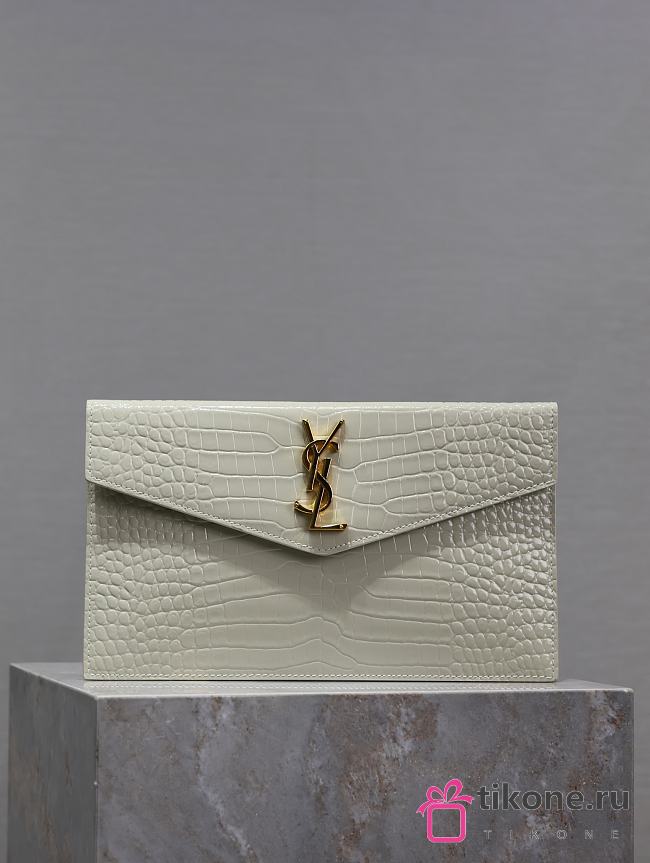 YSL Uptown Pouch In Crocodile Embossed Shiny Leather White - 27x16x2cm - 1