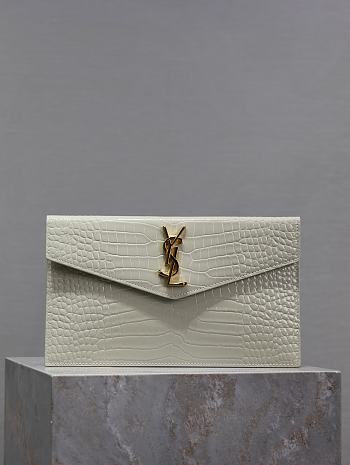 YSL Uptown Pouch In Crocodile Embossed Shiny Leather White - 27x16x2cm