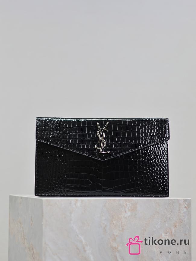 YSL Uptown Pouch In Crocodile Embossed Shiny Leather Black Silver - 27x16x2cm - 1